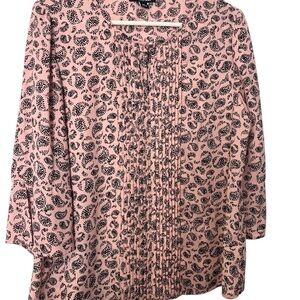 Roz & Ali Pink and Black Patterned Blouse 3/4 Bell Sleeves with Button Size M